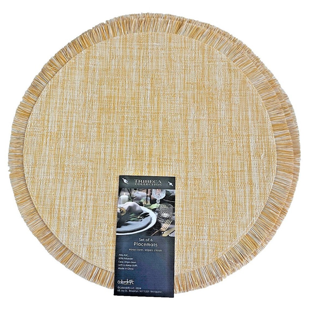 Tribeca Fringe Placemats 15” Round Yellow Gold PVC Easy Care Summer Set Of 6